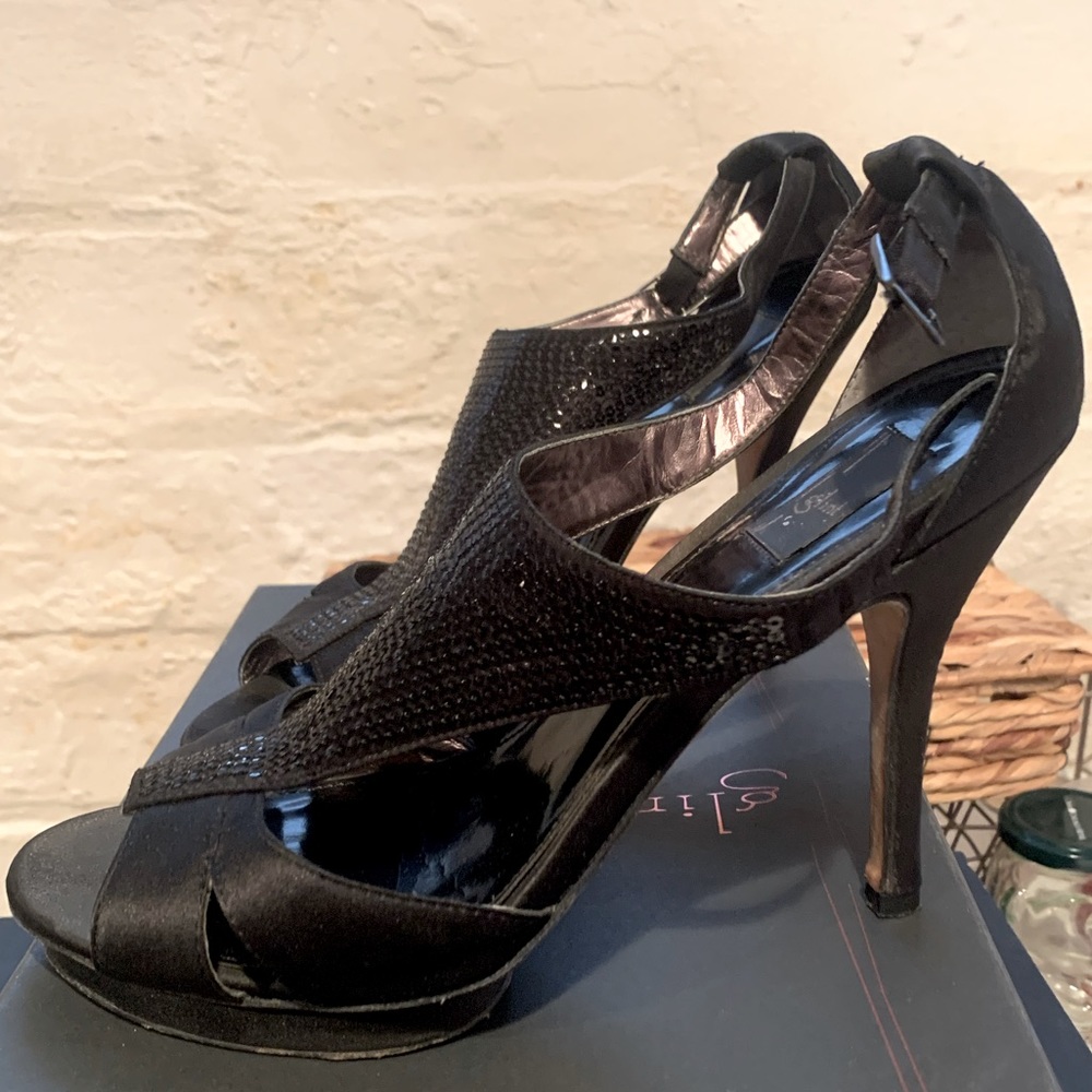 Glint Gillian sequin + satin black heels; from Nordstrom, worn for performances
